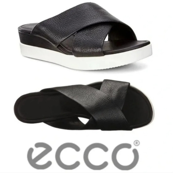 Ecco Touch Plateau Black Leather Platform Slide Cross Strap Sandals 7 - Picture 2 of 9